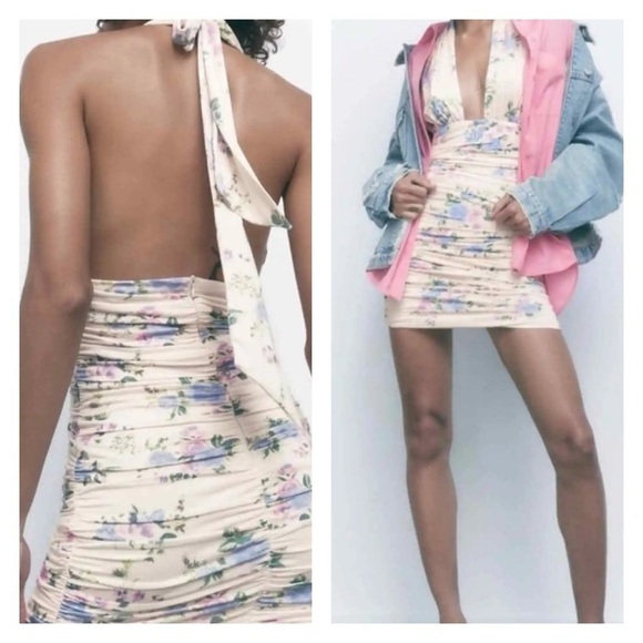 ZARA Light Pink Floral Halter Neck Open Back Ruched Bodycon Mini Dress Medium - Picture 10 of 14